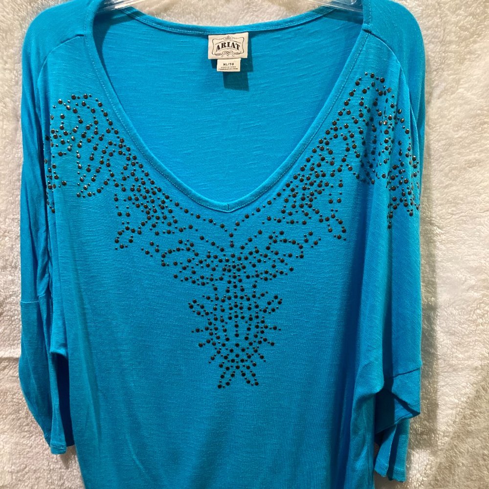ARIAT Turquoise Womens XL 3/4 Sleeve Embellished Scoop Neck Tee